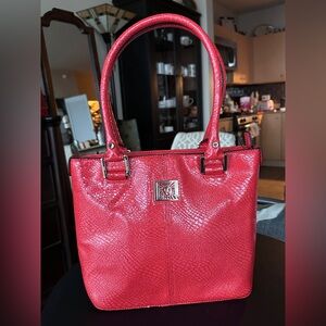 Anne Klein orange patent leather snakeskin medium tote gold accents